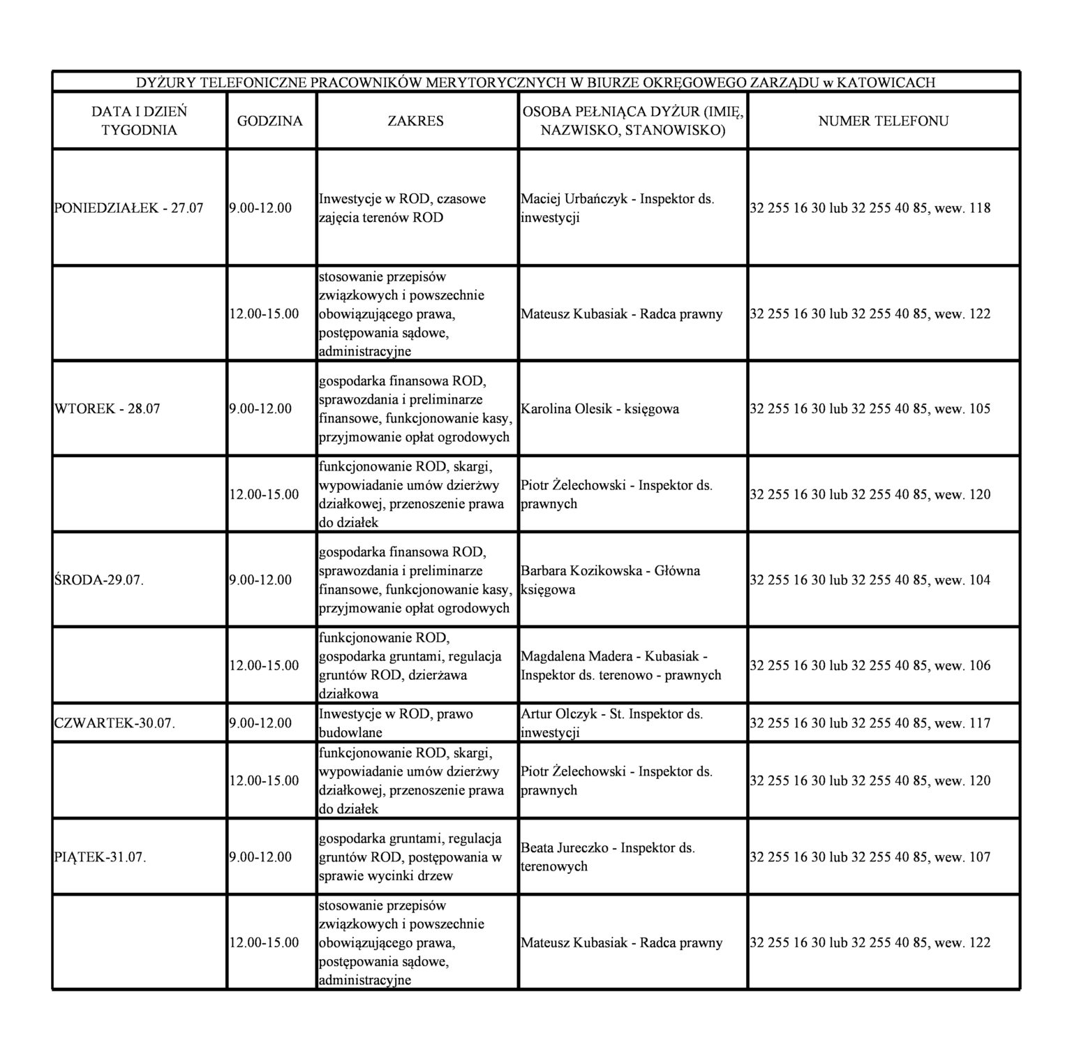 Grafik dyżurów telefonicznych » Polski Związek Działkowców Okręg Śląski