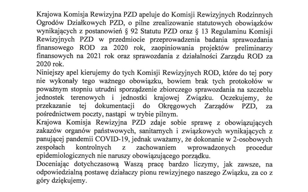 Apel Krajowej Komisji Rewizyjnej PZD do członków Komisji Rewizyjnych Rodzinnych Ogrodów Działkowych PZD