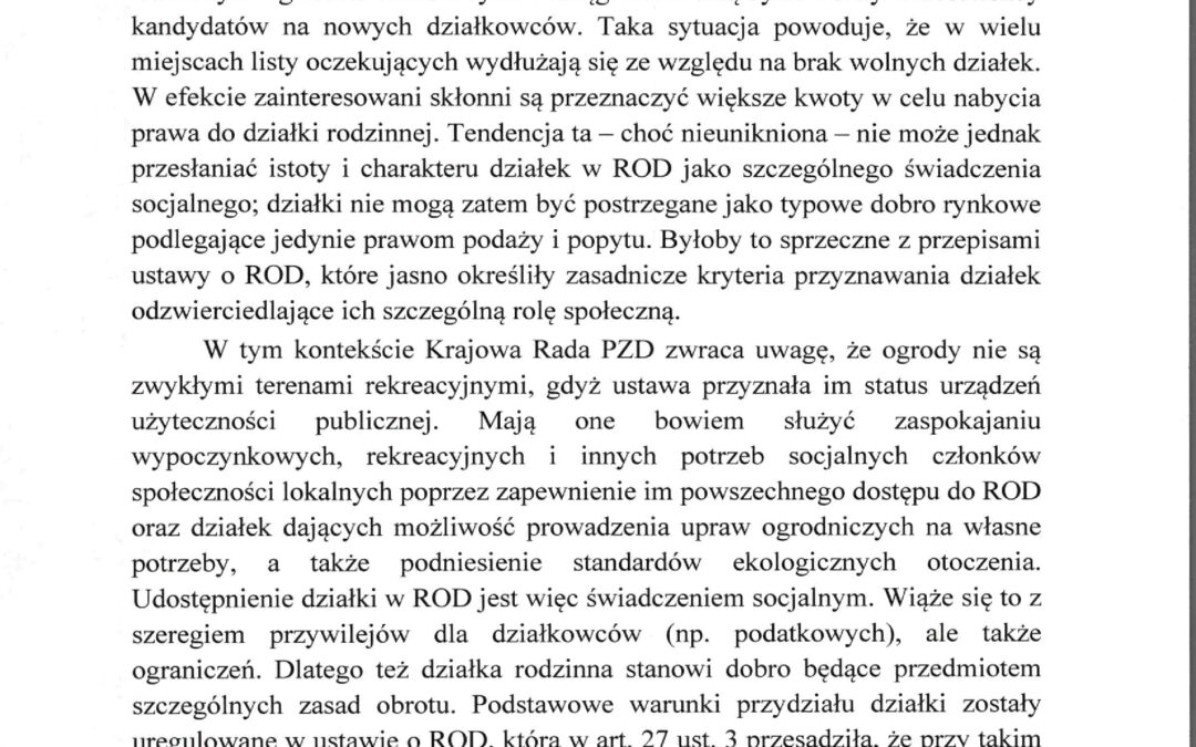 STANOWISKO Krajowej Rady Polskiego Związku Działkowców z dnia 12 lipca 2023 r. w sprawie konieczności stosowania obowiązujących zasad i opłat wynikających z przyznawania prawa do działki w ROD