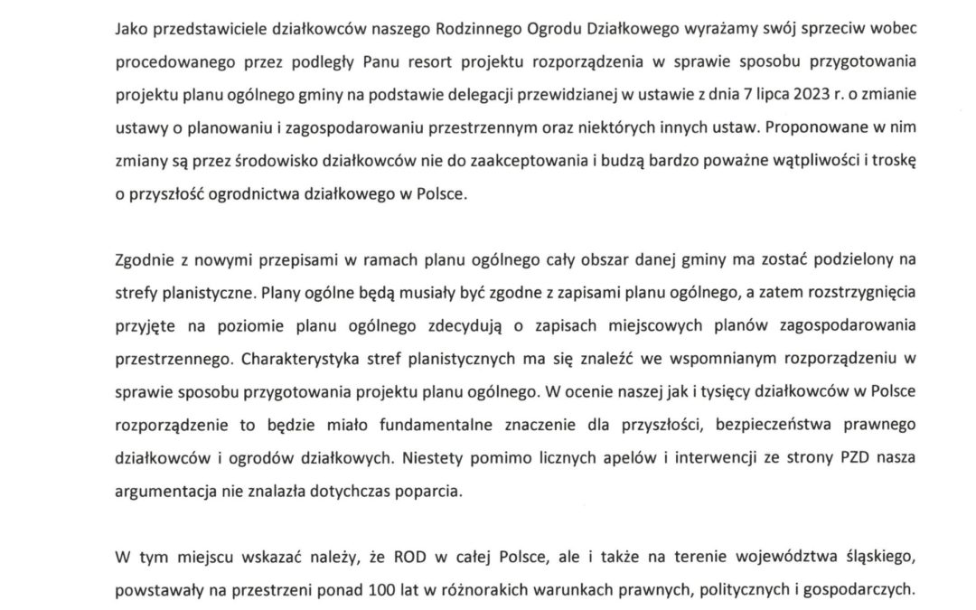 ROD Zacisze w Zabrzu – Stanowisko Zarządu oraz Stanowisko działkowców z 200 podpisami w sprawie sposobu przygotowania projektu planu ogólnego gminy