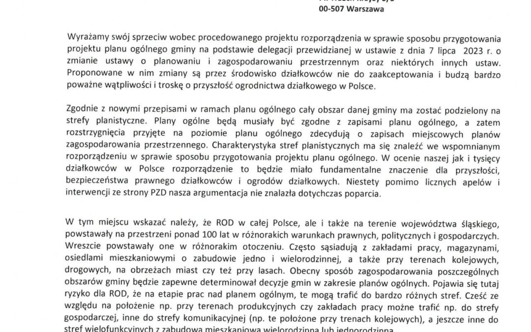Stanowisko Delegatury PZD w Zabrzu oraz Prezesów ROD w sprawie sposobu przygotowania projektu planu ogólnego gminy
