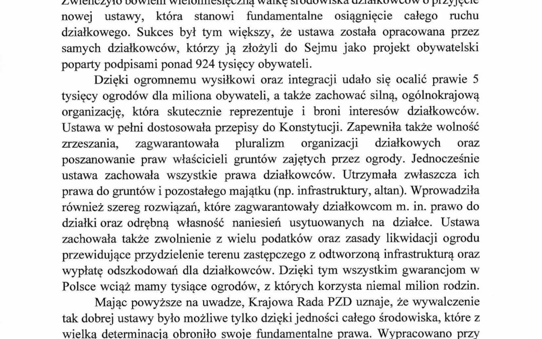 KOMUNIKAT Krajowej Rady Polskiego Związku Działkowców z dnia 15 grudnia 2022 r. w sprawie 10-lecia uchwalenia ustawy o rodzinnych ogrodach działkowych
