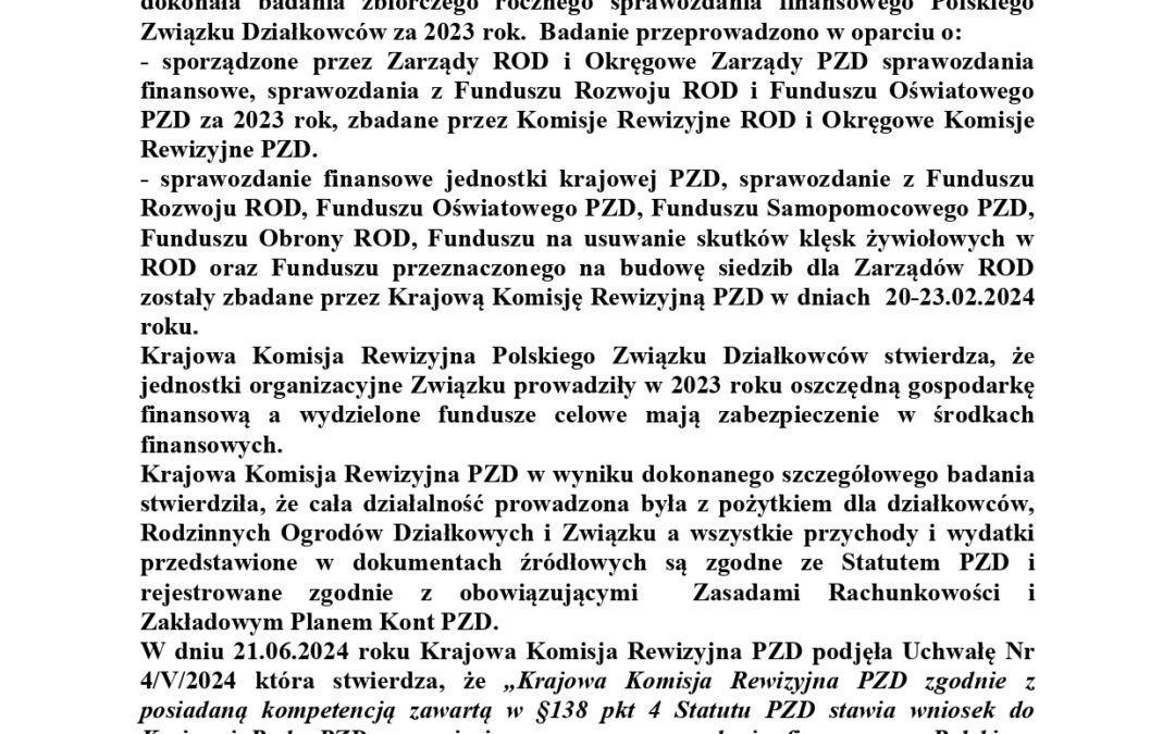 Informacja o badaniu sprawozdania finansowego PZD za 2023rok przeprowadzonego przez Krajową Komisję Rewizyjną Polskiego Związku Działkowców